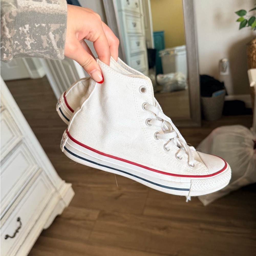 Converse White High Top Sneakers with Red & Navy Trim